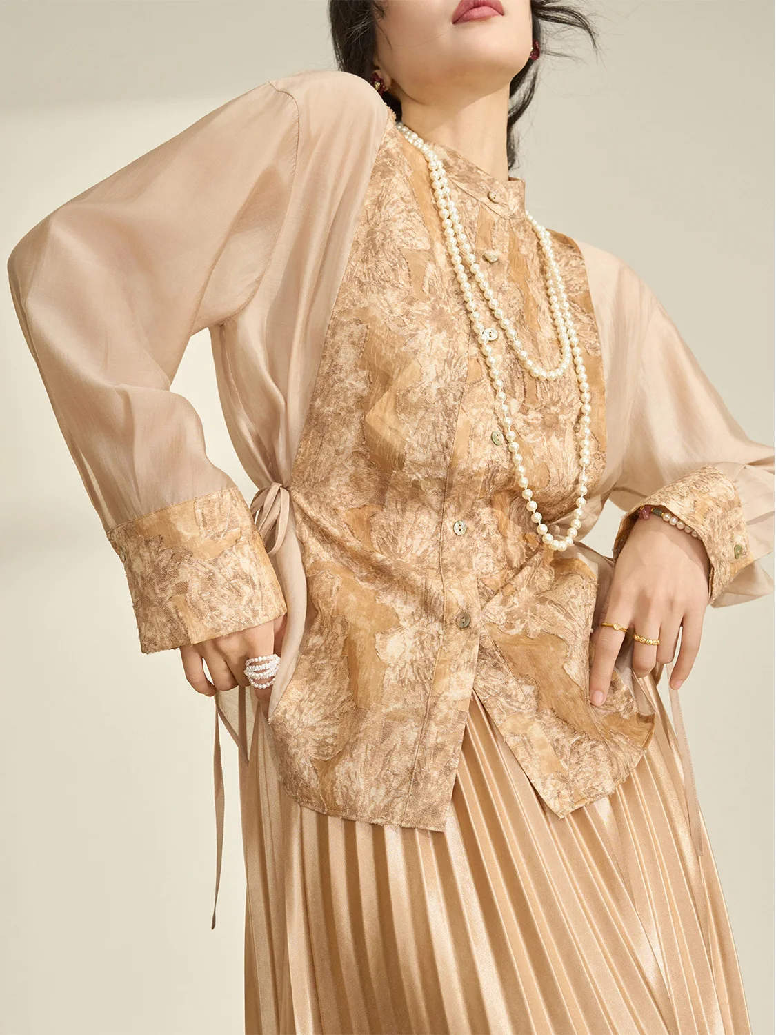 

New Chinese Sle Women's irt Spring 2026 Waist-Cinching Patchwork Design Sense Belted Flowing Era Commute Sle Loose Fit