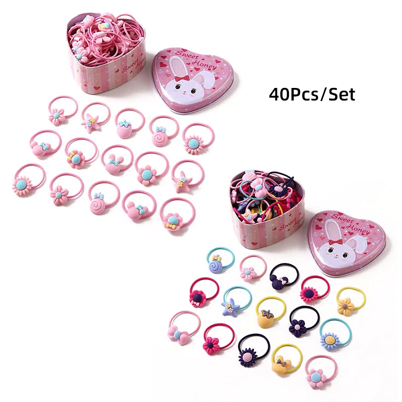 40Pcs Set Cute Flowers Bows Baby Elastic Hair Bands Cartoon Girls Hair Ties Kids Hair Accessories