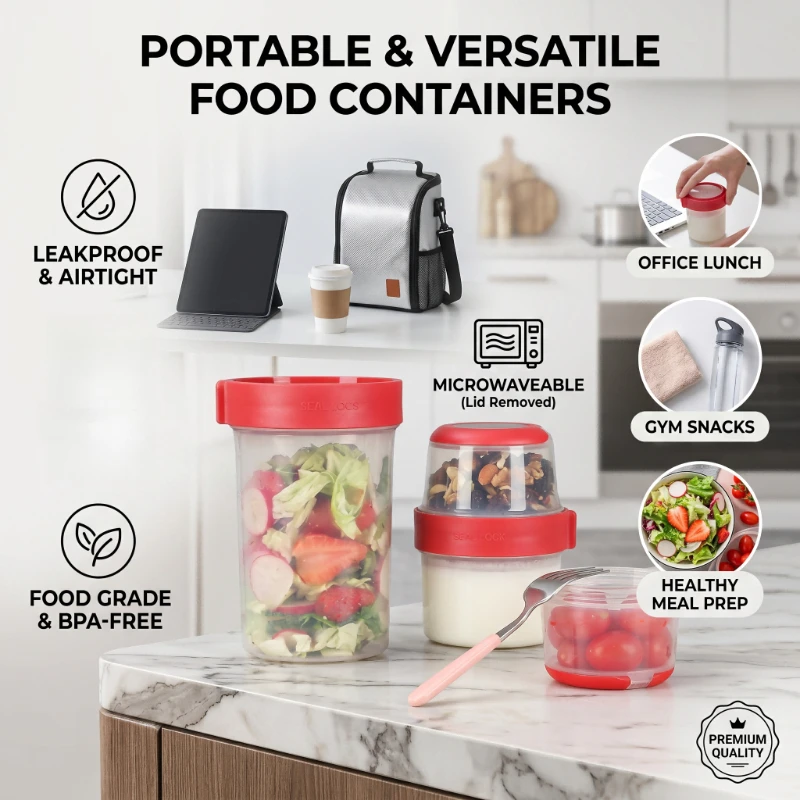 Meal Prep Yogurt Containers - Doppelschichtiger Salatbecher mit Fächern, tragbarer Frischhaltebehälter,