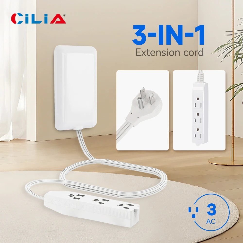 Flat-Face Outlet Extender with 3 Receptacles, Ultra-Thin Wall Plate Plug with Cord Extender and 3-Outlet Power Strip