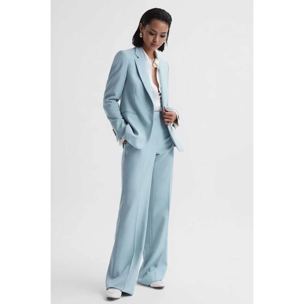 Ladies Autumn Fashion Light Blue Suits Notch Lapel 2 Piece Jacket Pants Female Clothing Slim Fit Office Women's Blazers Sets