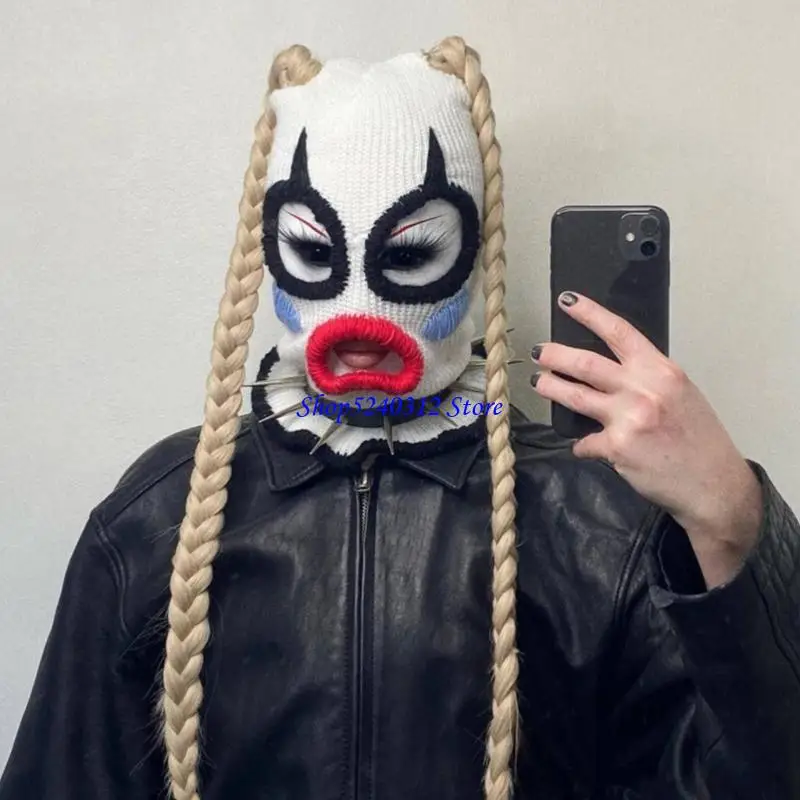 634C Scary Balaclava Hat Horrid Skull Cap Crocheted Hat for Women Men Cosplay Wacky Clown Balaclava Full-Head Hat