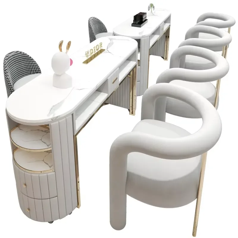 Luxury Marble Manicure Table Chair Set High End Metal Iron Salon Furniture Fashion Nail Desk