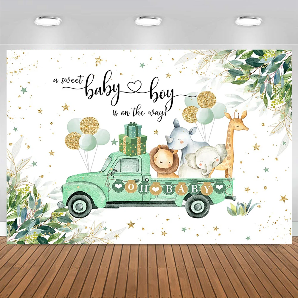 أوه استحمام الطفل صبي فتاة حفلة عيد ميلاد راية خلفية سفاري الحيوان الأخضر شاحنة الغابات بالون هدية ديكور خلفية لامعة