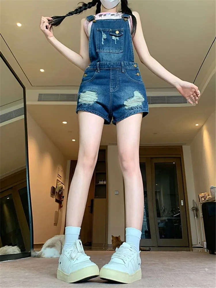 

Women's Hole Design Jumpsuits Overalls Casual Young Girl Fashion Denim Shorts Pants Female Streetwear Rompers Mini Trouser