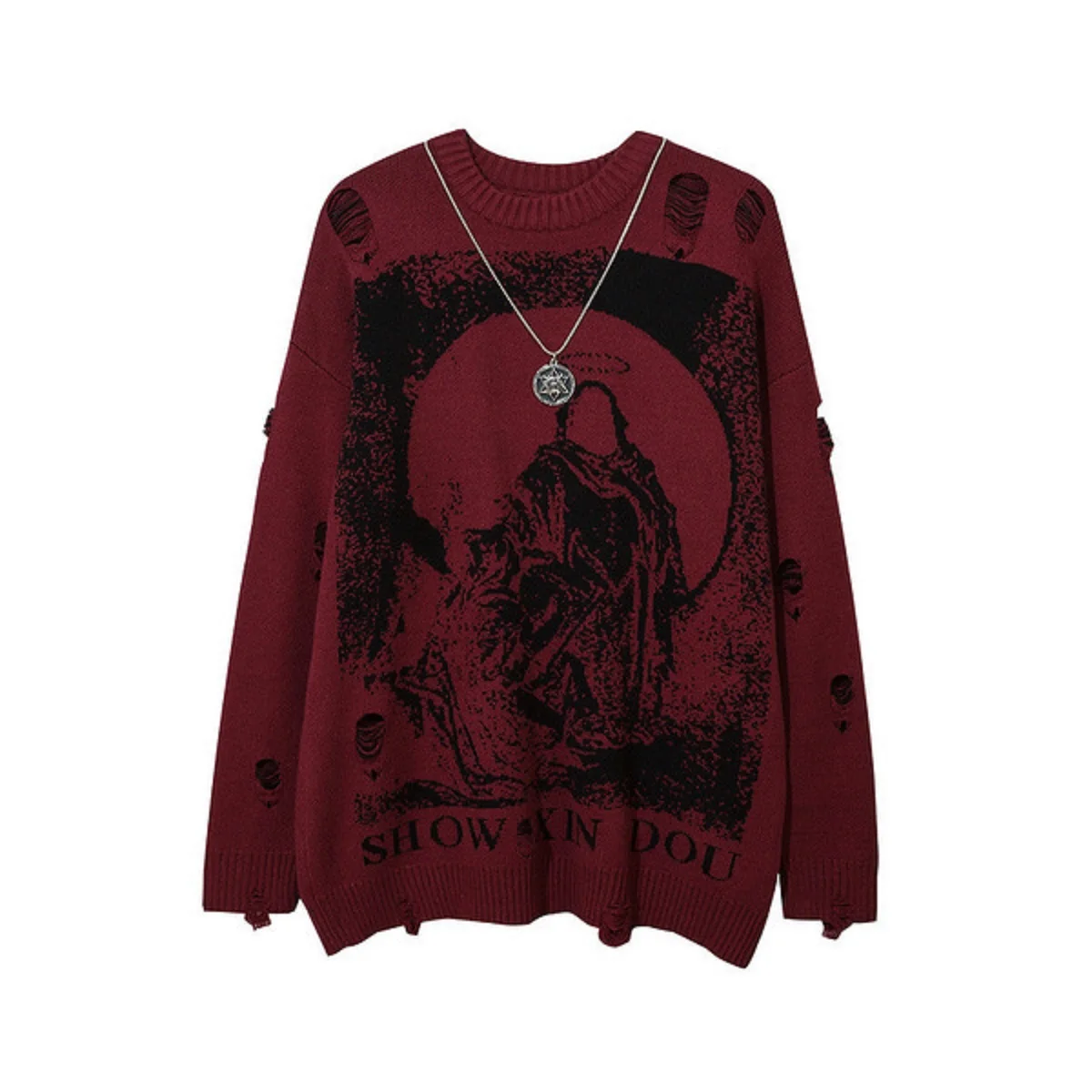 Unisex Harajuku Print Oversized Ripped Knit Pullover Sweater Streetwear Hip Hop Style