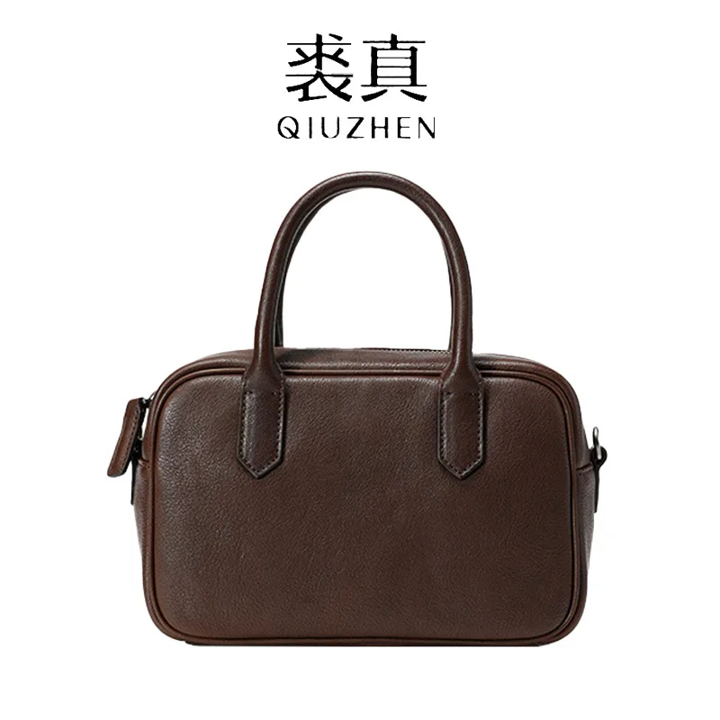 حقيبة كروس كاجوال من جلد البقر المدبوغ بالخضراوات من Qiuzhen، حقيبة كتف، حقيبة حمل، حقيبة بولينج للنساء عصرية ومتعددة الاستخدامات