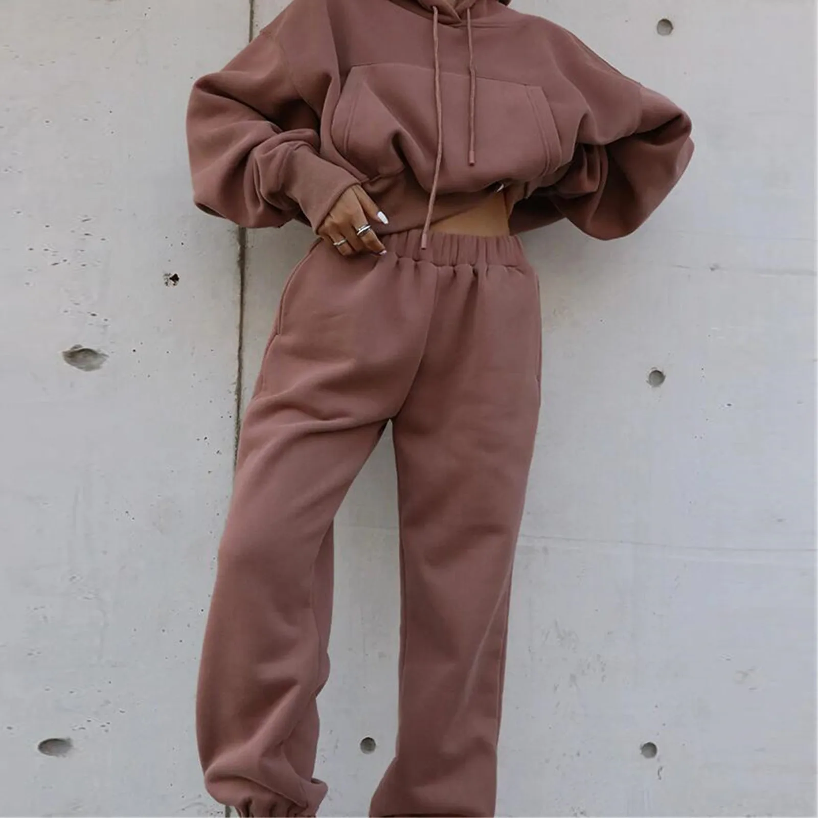 2 Piece Women\'s Outfits Workout Sets Solid Color Long Sleeved Hoodie Tracksuit For Women Cotton Jogger Pant Matching Set