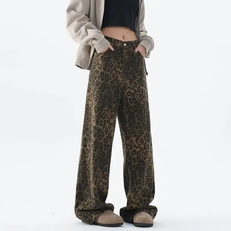 American Retro Leopard Print Jeans For Women's Autumn Design Sense Niche Straight Tube Workwear Casual Pants Trend