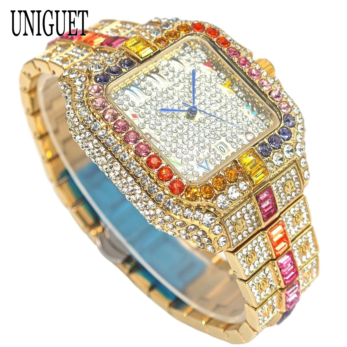 UNIGUET Rainbow Diamond Watches Men Luxury Square Quartz Clock Man Fashion Hip Hop Full Ice Out Gold Wristwatch 2026 Hot Sale