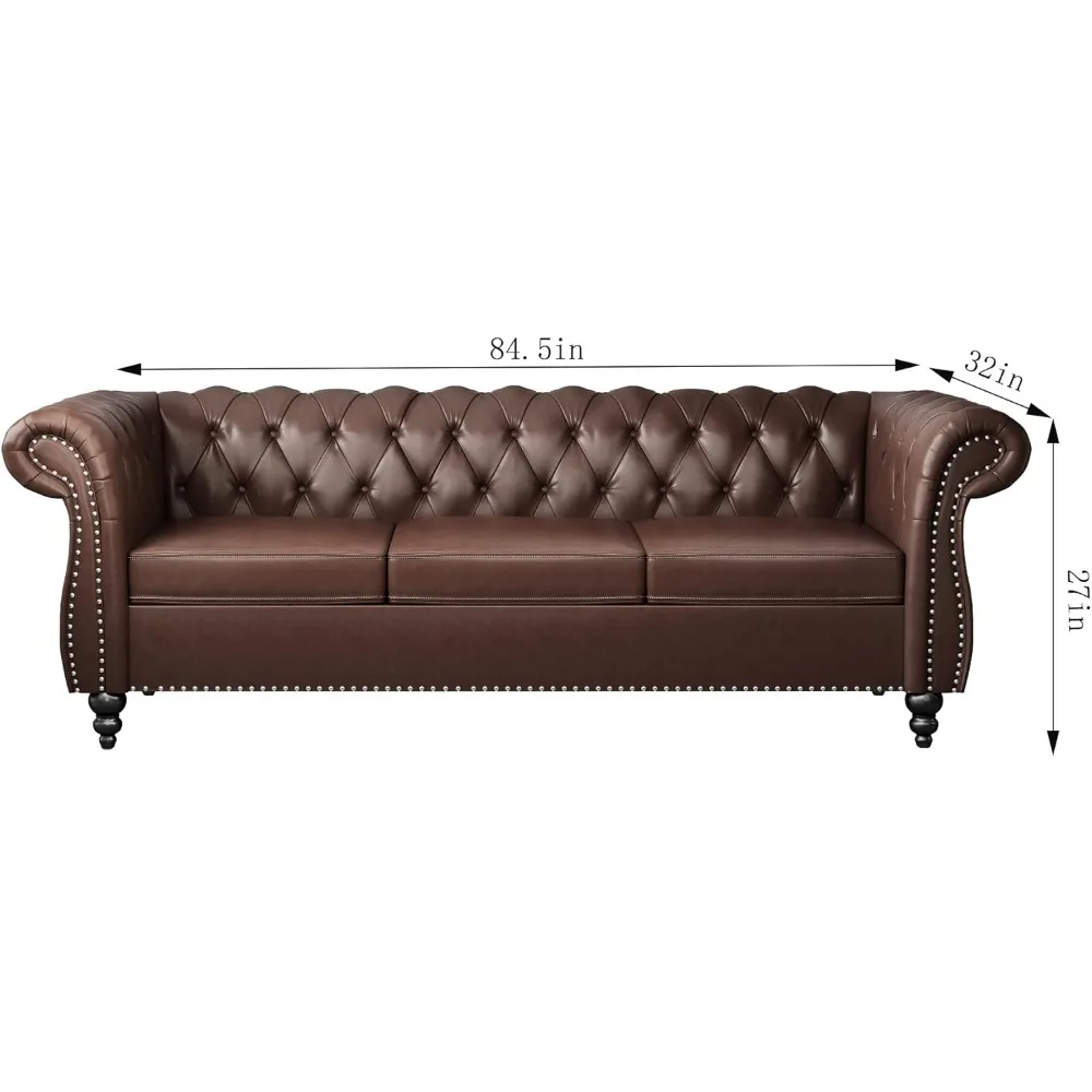 Modern PU Tufted Couch 3 Seater with Rolled Arms and Nailhead for Living Room, Bedroom, Office, Apartment