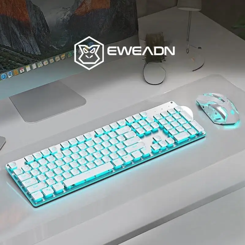 

EWEADN X7 Mechanical Metal Silver Keyboard Mouse Combo Wireless Rechargeable Silent Bluetooth Blue Backlight Office For Gaming