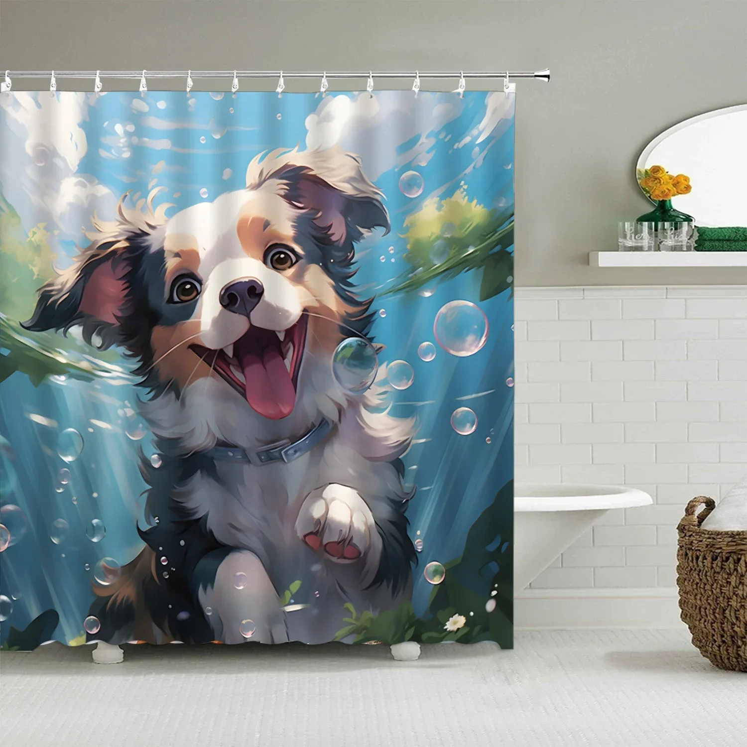 Cartoon Animal Shower Curtain, Cute In Water Cat Dog, Kids Boys Girls Polyester Fabric Bathtub Partition Bathroom Decoration