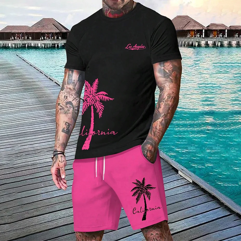 2024 Hawaii European 3D printed men\'s short sleeved fashionable T-shirt dopamine beach casual shorts set soft and comfortable