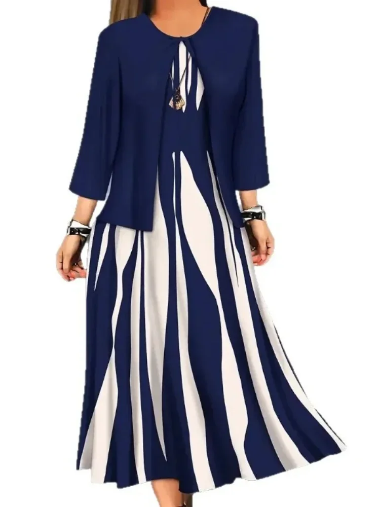 Plus Size Plus Size Geometric Print Long Sleeve Dress And Jacket Set Two Piece Set Large Size Polyester Fiber Women's Fashion