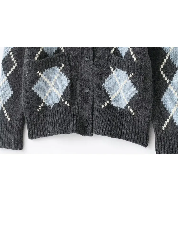 HH المرأة الخريف والشتاء سميكة محبوك مضلع سترة الخامس الرقبة طويلة الأكمام ملابس خارجية فضفاضة الدافئة سترة صوفية #6