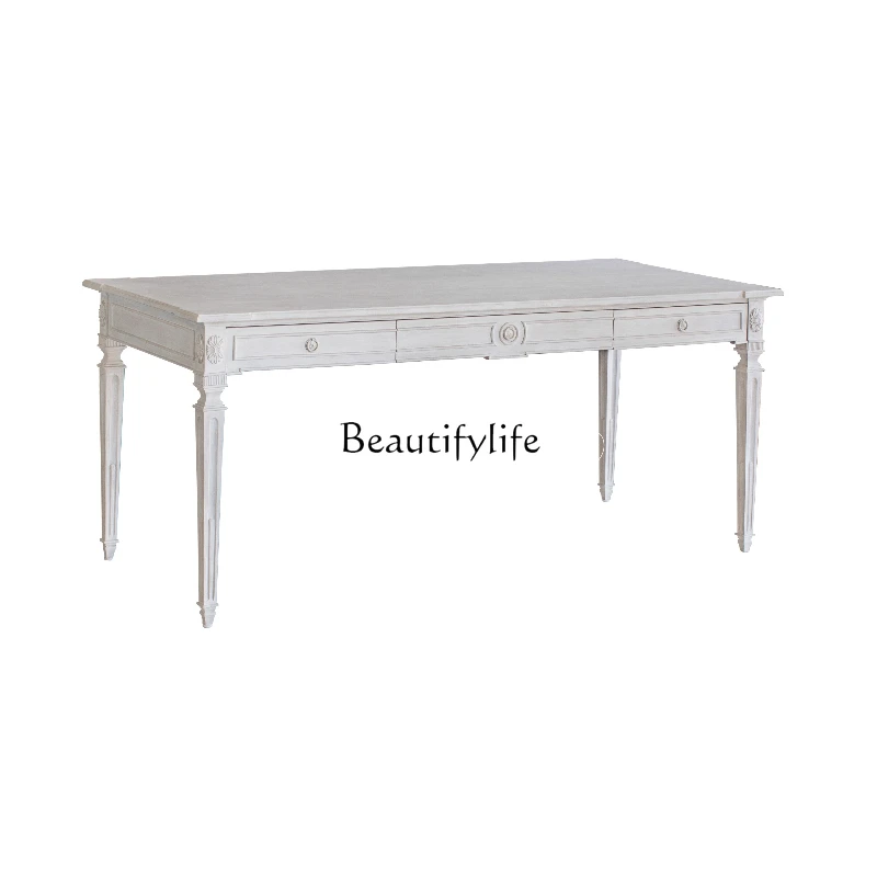 

French Retro Distressed Solid Wood Carved European Style Study Office Furniture High-End Customizable