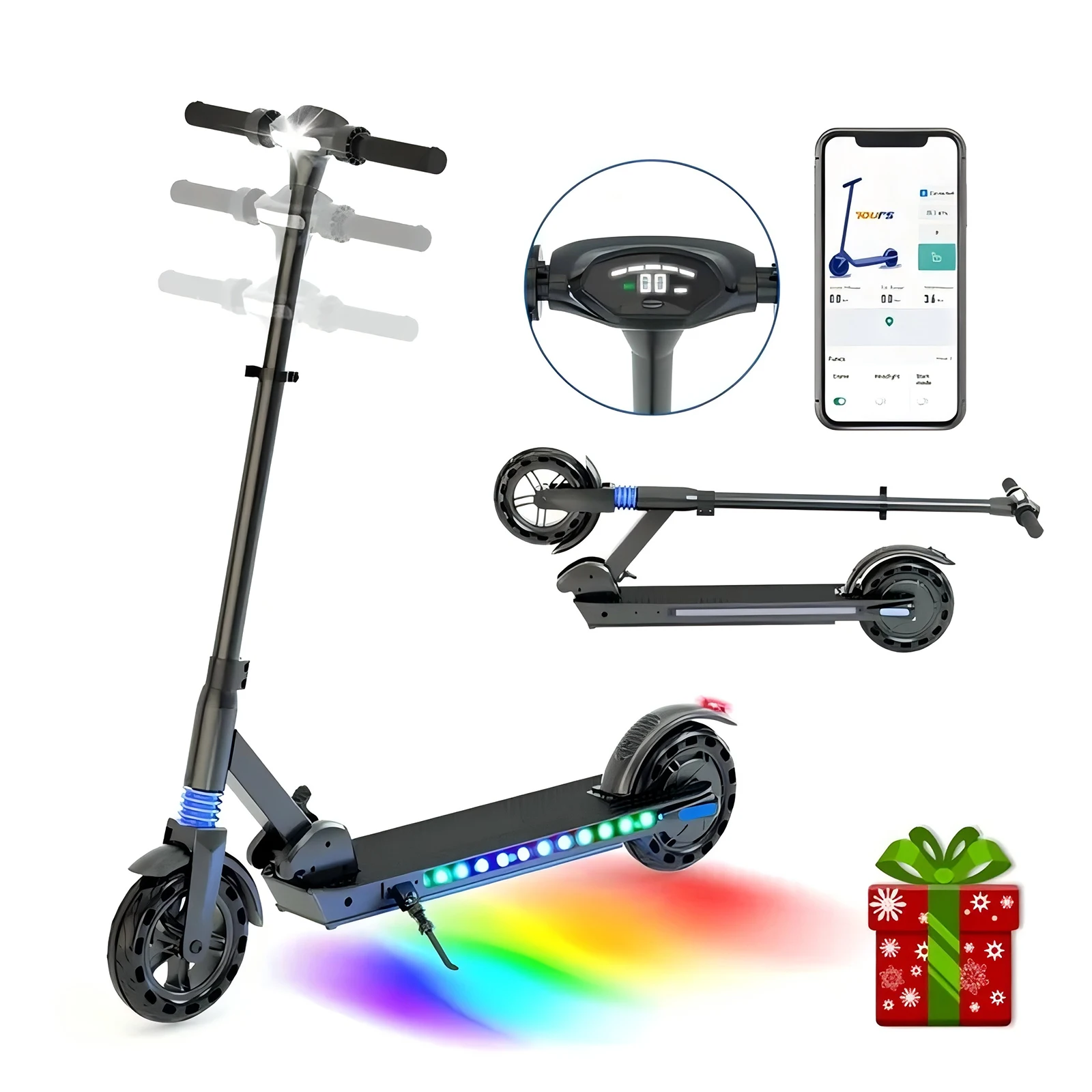 Electric Scooters For Teens Ages 12-16 Foldable E-Scooter APP Bluetooth LED 250W 3 Speeds Modes Range 20KM Adjustable Height