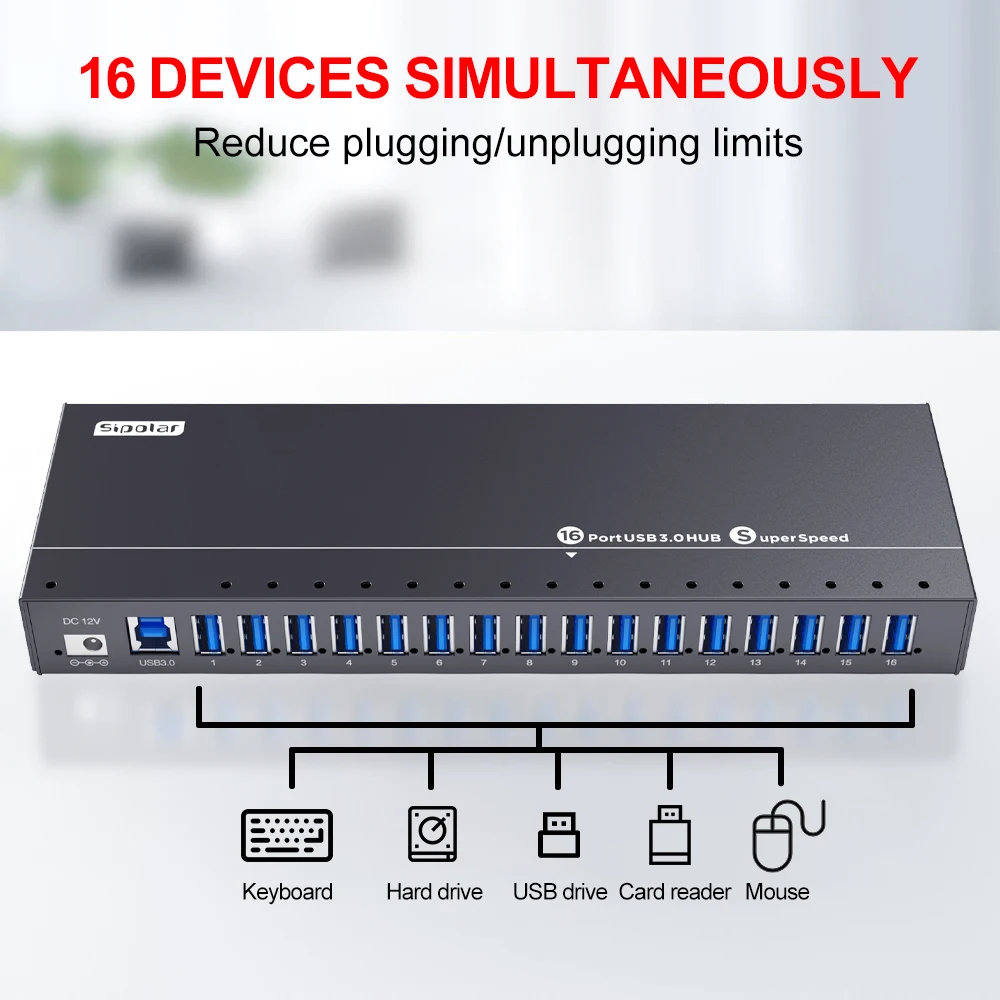 Sipolar 16-Port Powered USB Hub 3.0 with 5V 1.2A Per Port, Fast Charging for Phones & Tablets