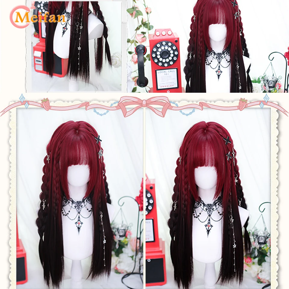 MEIFAN Synthetic Long Straight Lolita Wig with Bang Red Ombre Black Cosplay Party Halloween Christmas Wavy Curly Harajuku Wig