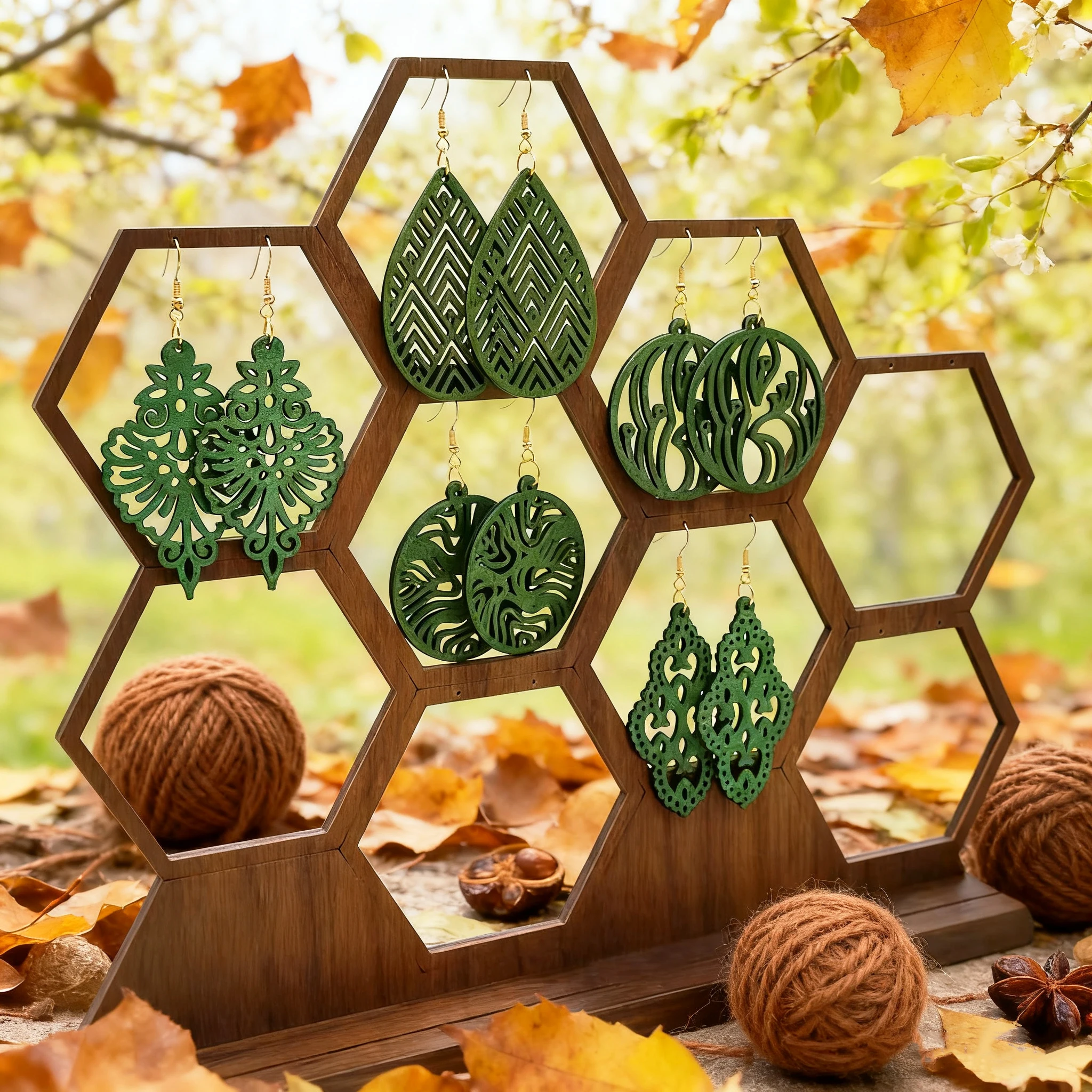 5 Pairs of Autumn Forest-Themed Hollow Green Wood Ear Ring Sets with Geometric Design, Fashionable Earrings for Girls, Sui