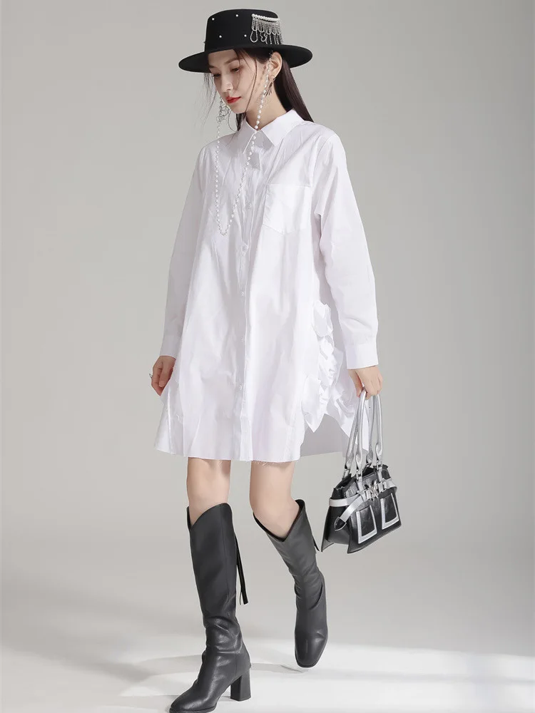 Women White Black Side Flower Big Size Long Blouse New Lapel Long Sleeve Shirt Fashion Tide Spring Autumn