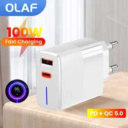 Olaf USB C타입 충전기 PD QC 5.0, 고속 충전 전화 어댑터, 아이폰 14, 13, 12, 샤오미, 화웨이, 삼성용, 100W