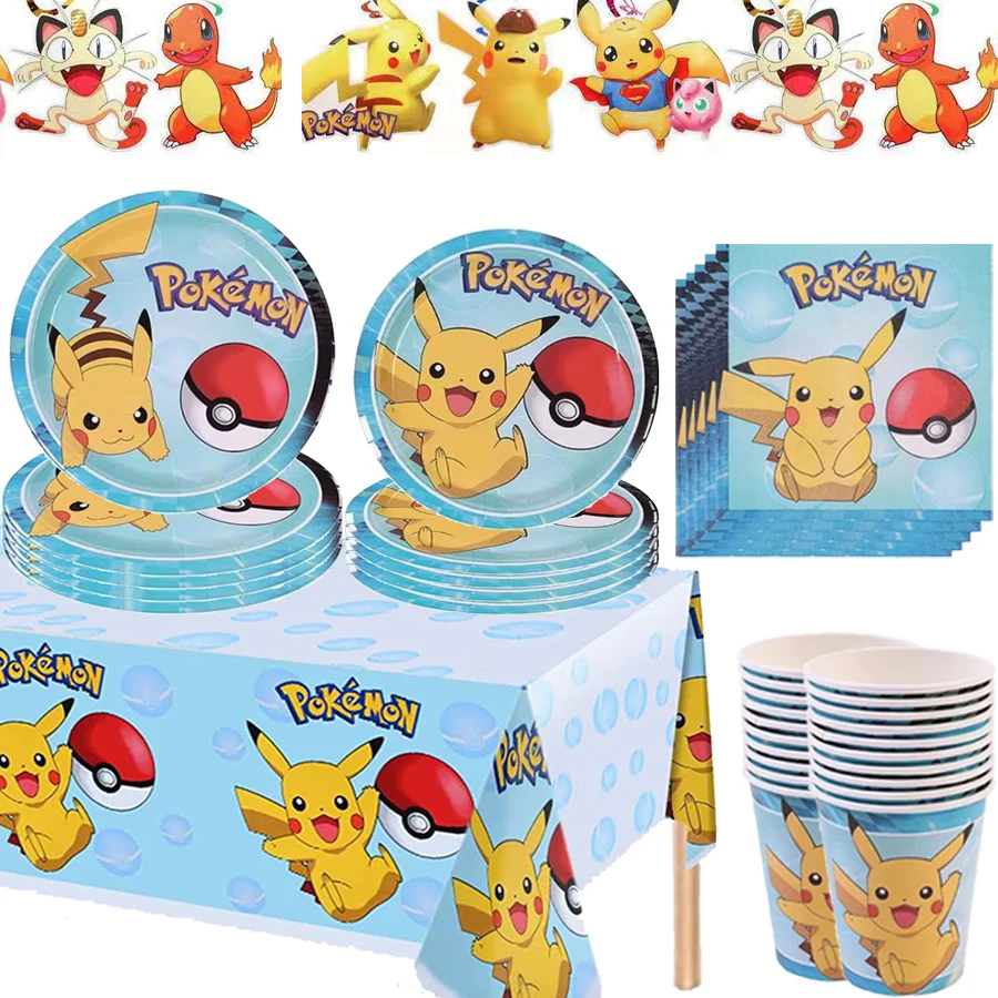

New Cartoon Pokemon Party Supplies Birthday Party Disposable Tableware Set Paper Plate Kids Favors Gifts Kids Pikachu Toys
