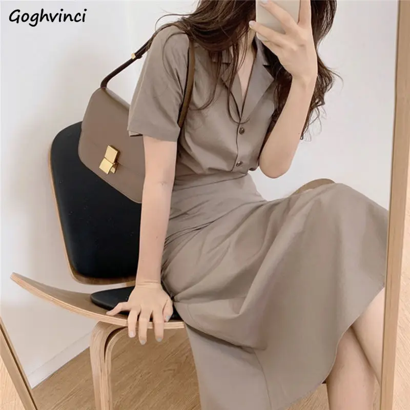 

Office Lady Sets Women Notched Summer Short-sleeve Tops Temperament High Waist Gentle A-line Midi Skirts All-match Daily Outfits