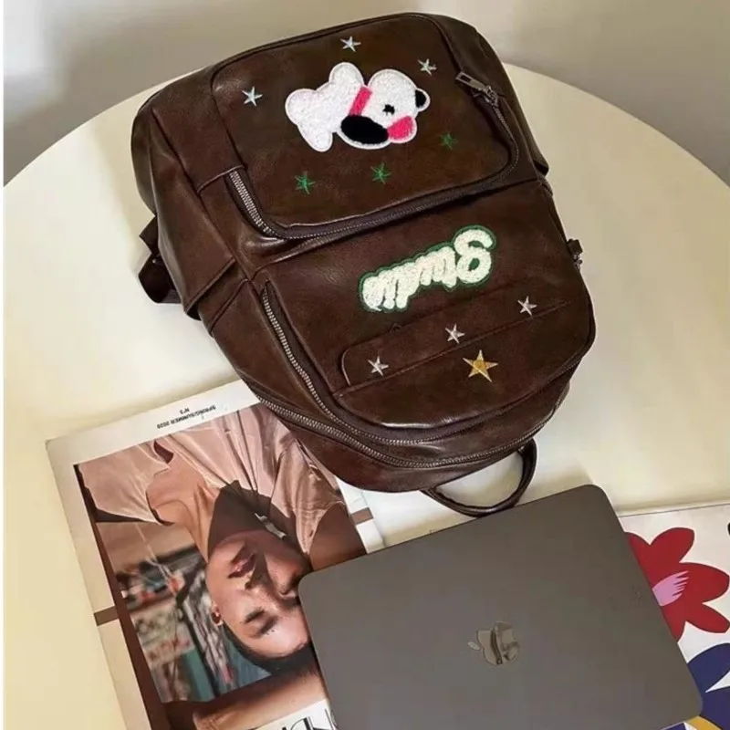 حقيبة ظهر JIAERDI Retro Coffee لطيفة على شكل جرو للنساء من الجلد بسعة كبيرة حقيبة نهارية للسيدات بحروف مولارد ستار Y2k Mochilas Mujer Chic