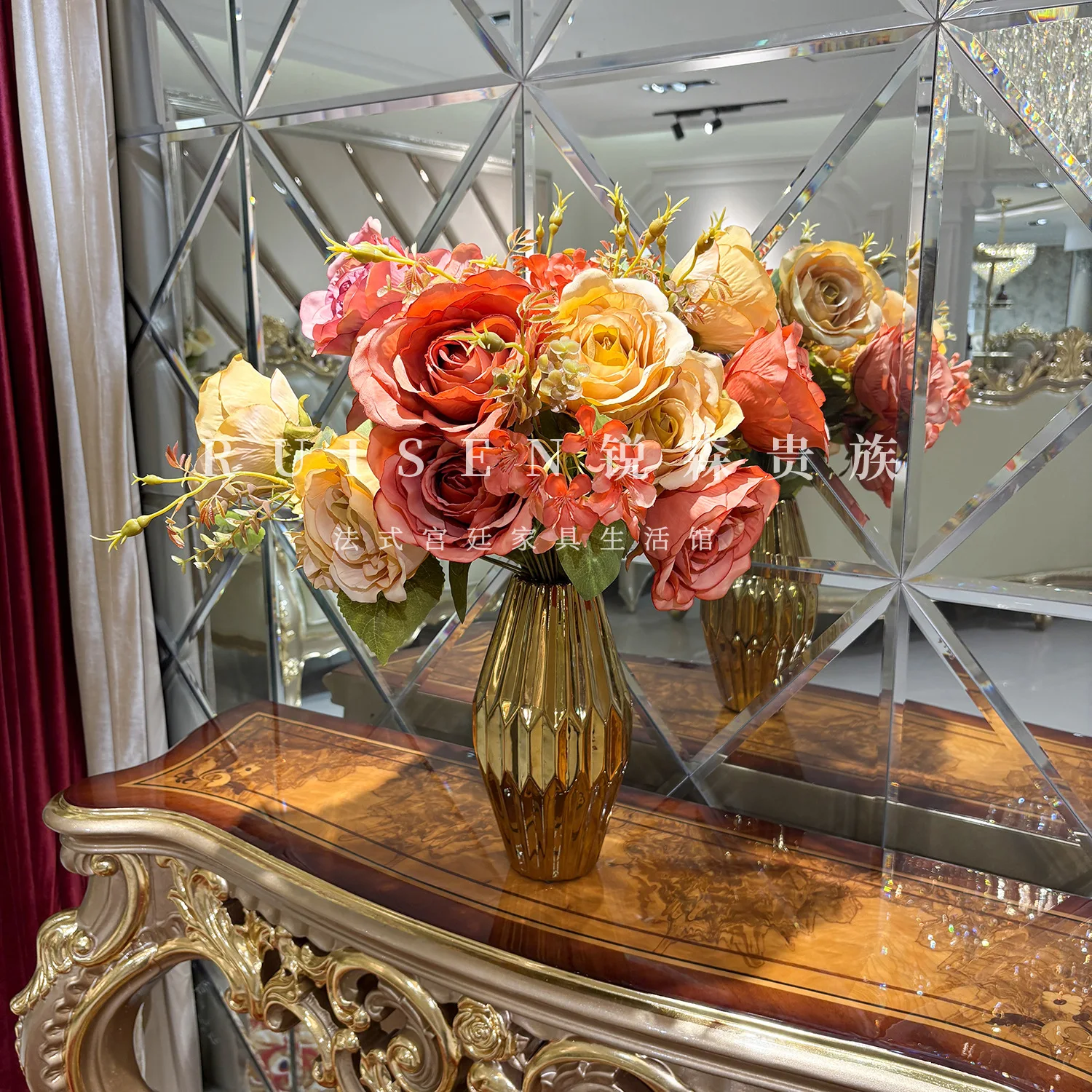 European solid wood carving flower decoration table, palace luxury villa veneer entrance table