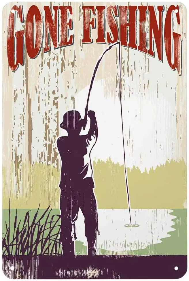 Gone Fishing Tin Sign,Man Lake Grass Rod Hobby Outdoor Relax Fish Water Botanical Nature Vintage Metal Tin Signs for Cafes Bars