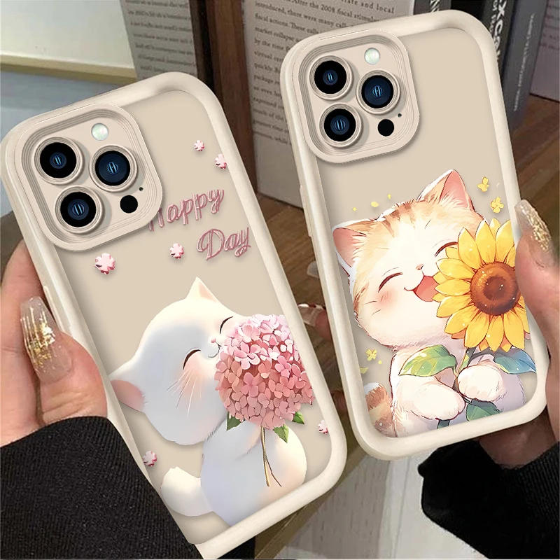 Sunlight White Cat Flower Matte Phone Case for iPhone 15 14 13 12 11 Pro Max XS X XR 8 7 6S Plus SE 2020 Liquid Silicone Cover