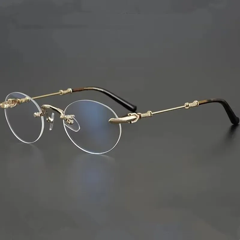 Lvx CHRetro-Vintage Round Rimless Silv Frame Fashion Lightweight Titanium Unisex Plano Glasses52-25-14