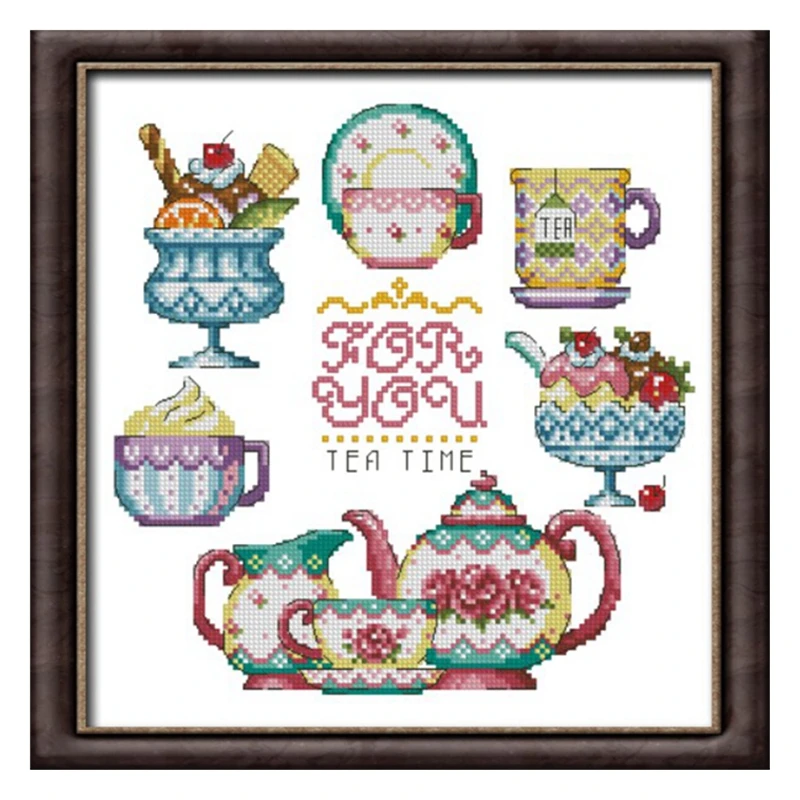 

Cross Stitch Kit Magazine Style Tea time 18CT 14CT 11CT Precision Print Embroidery Material Bag