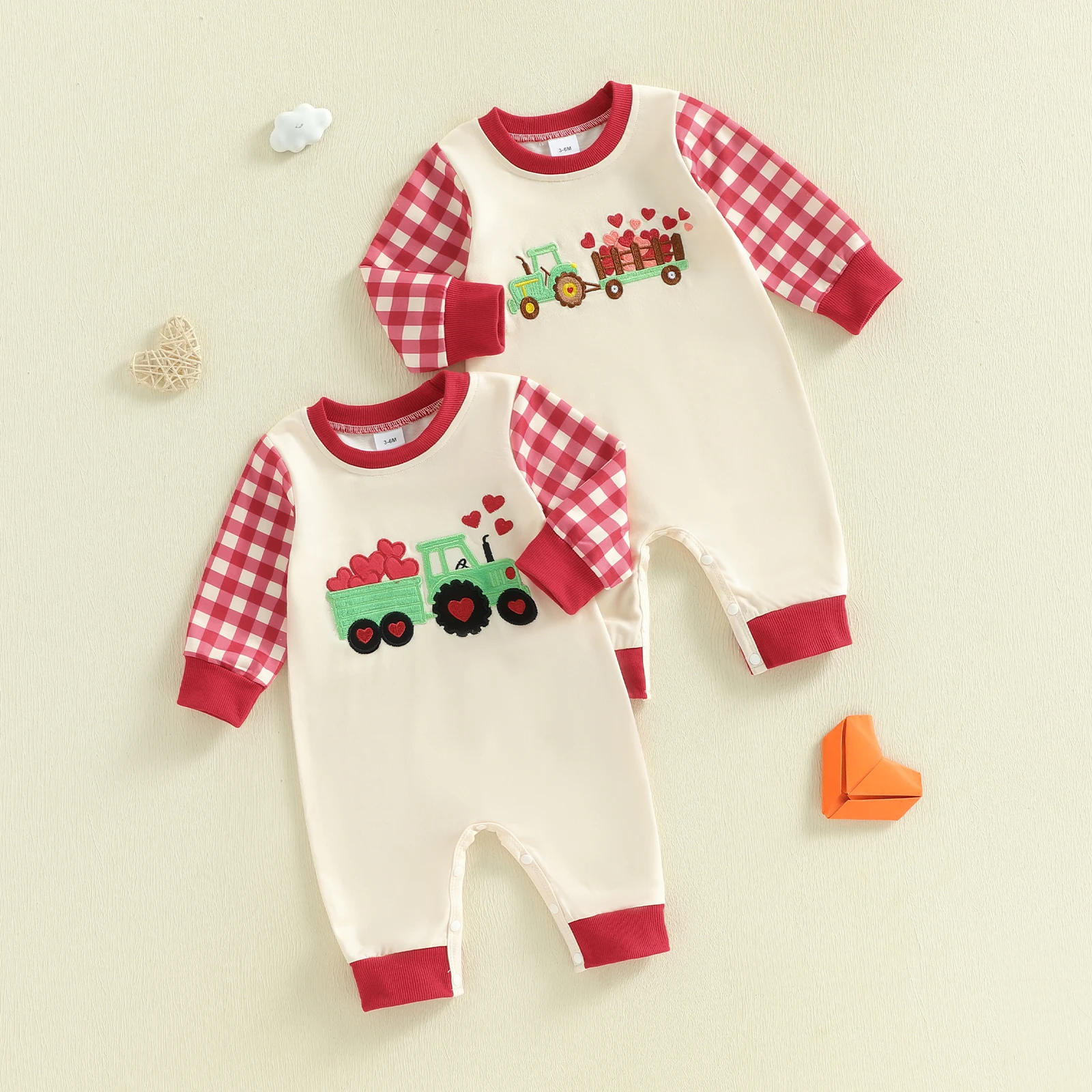 

0-18M Newborn Baby Girls Valentine's Day Romper Truck Heart Embroidery Plaid Long Sleeve Round Neck Jumpsuit Baby Costumes
