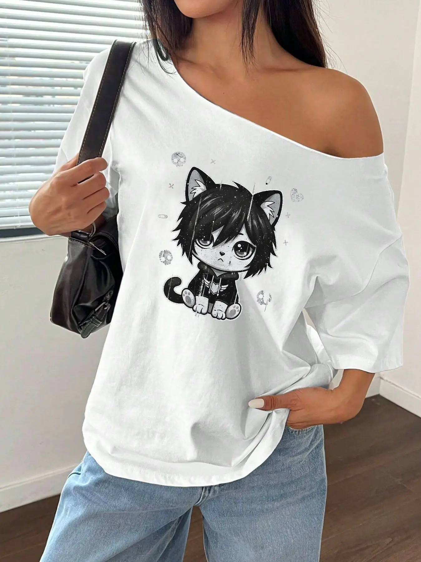 100% Cotton Plus Size Cute Emo Anime Cat Print Shoulder Loose Print T-Shirt Oversized Y2K Style Graphic Tees Women Tops Summe