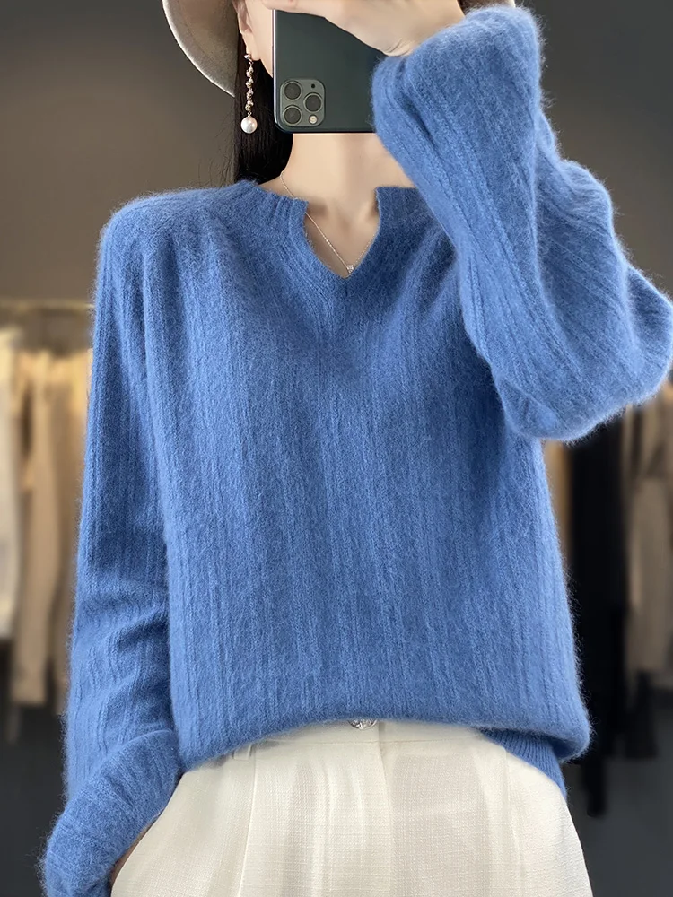 100% Mink Cashmere Women's V-Neck Sweater Autumn Winter New Knitted Top Loose Puff Sleeve Pullover Casual Loose Korean Clothing