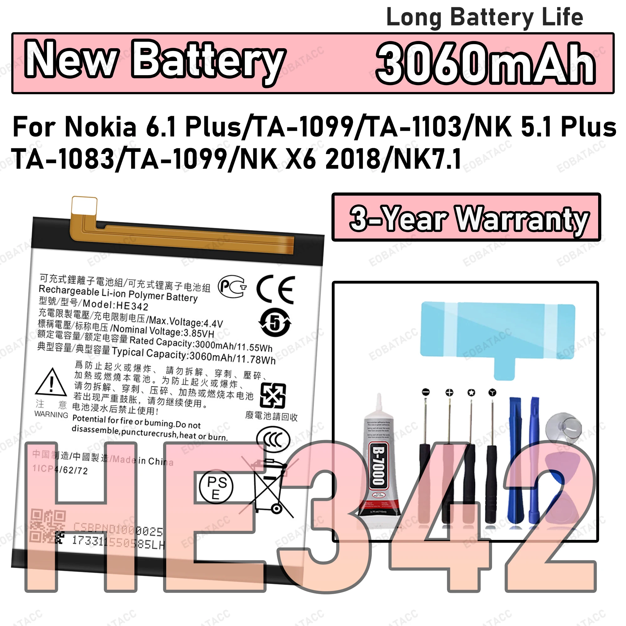 100% New Zero Cycle HE342 Battery for Nokia 6.1 PLUS/TA-1099/NK 5.1 Plus/NX X6 2018/nk 7.1 Mobile Phone Batteries+Free Tools