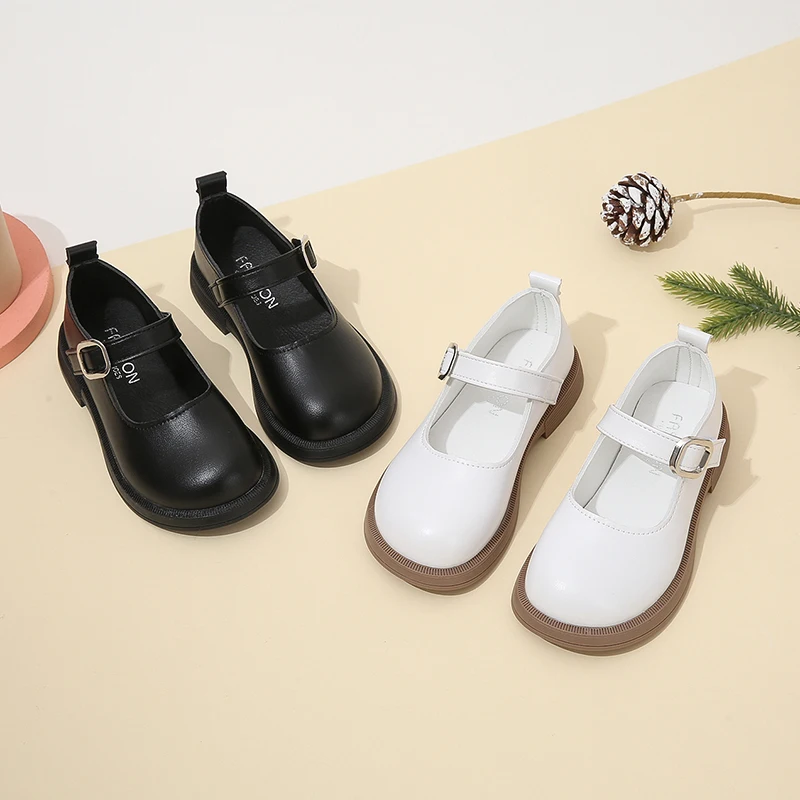 Kids Girls Black Uniform School Shoes Versatile Casual Buckle Simple 2023 Spring Children Round-toe Matter Loafers New Non-slip