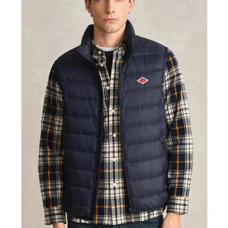 

Горячие продажи, экспортируемые в японский мужской и женский вышитый логотип, молния, тонкая пуховая куртка без рукавов с капюшоном, теплая и ветрозащитная