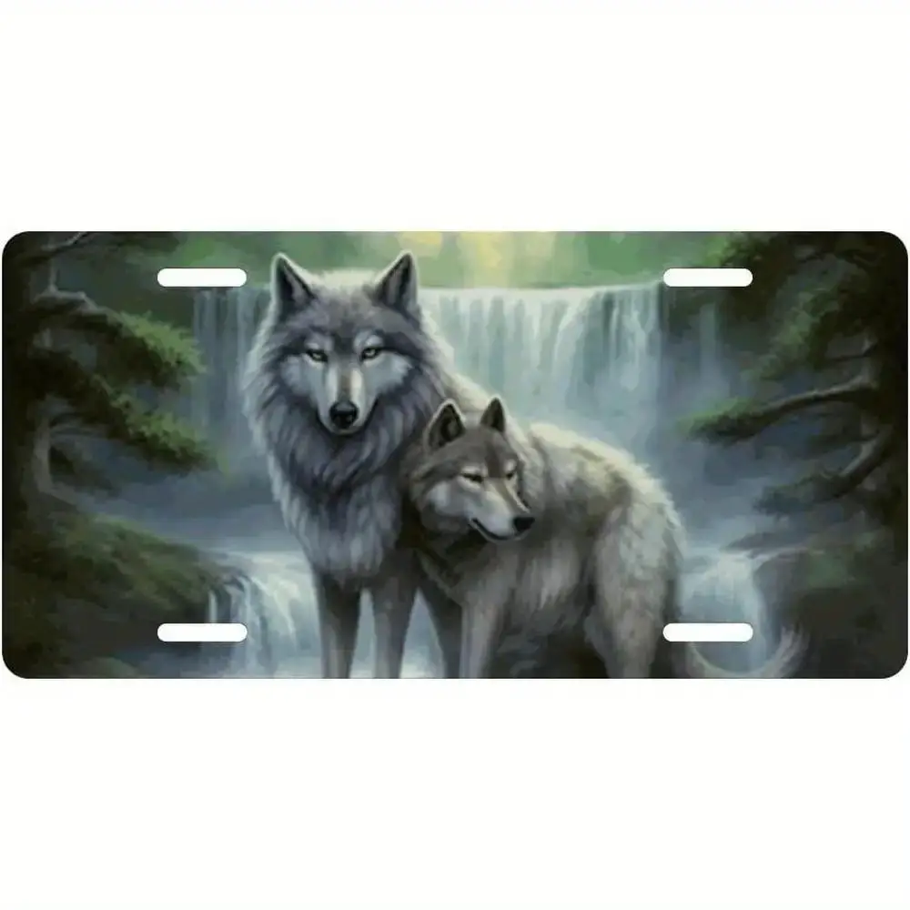 2D Flat - [Open ]2D Flat, 3D Wolf Pack Metal License Plate | Realistic White And Black Wolves And Waterfall Design, Wolves Howli