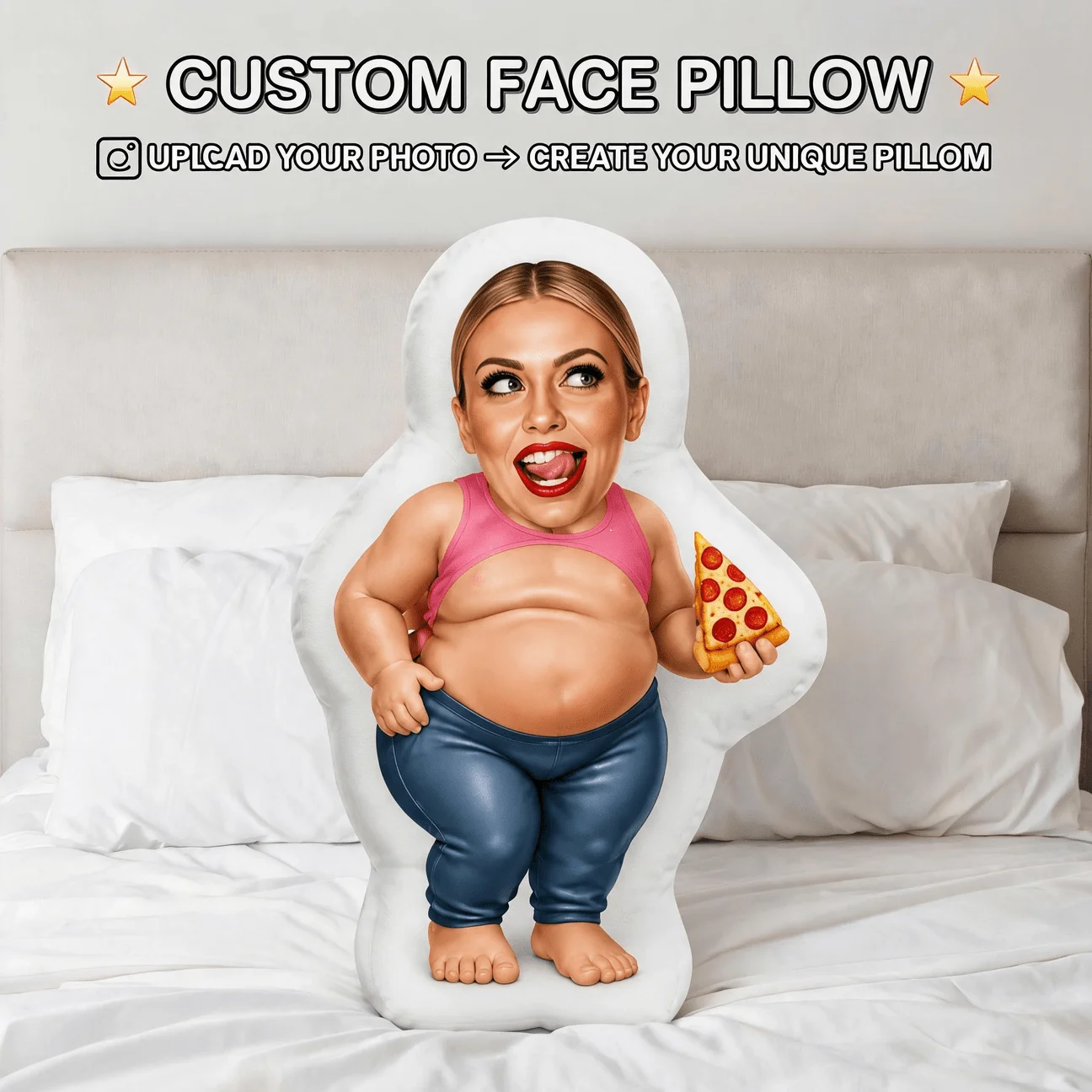 Custom Funny Face-Shaped Pillow, Personalized Photo Holding Pizza Decorative Cushion, Unique Home Decor Accent for Sofa & Bedroo