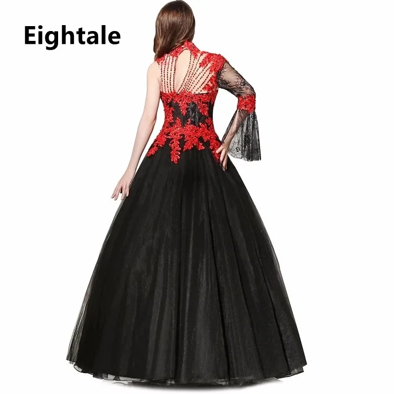 Eightale 2022 Victorian Gothic Masquerade Wedding Dress Applique Lace Beaded Long Sleeve Red and Black Ball Gown Bridal