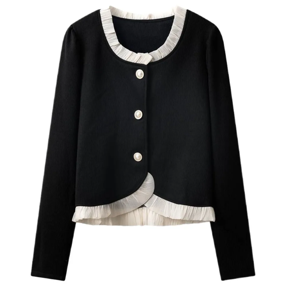 

Autumn Solid Lace Sweaters Autumn Spring Loose Sweet Knitwear Ladies Tops Preppy Style Slim Crop Coats Streetwear