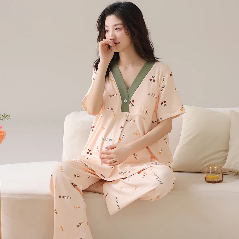 مع منصات الصدر قصيرة الأكمام النساء الحوامل منامة متماسكة بعد الولادة أزياء الحبس خدمة المنزل مجموعة ملابس الرضاعة الطبيعية