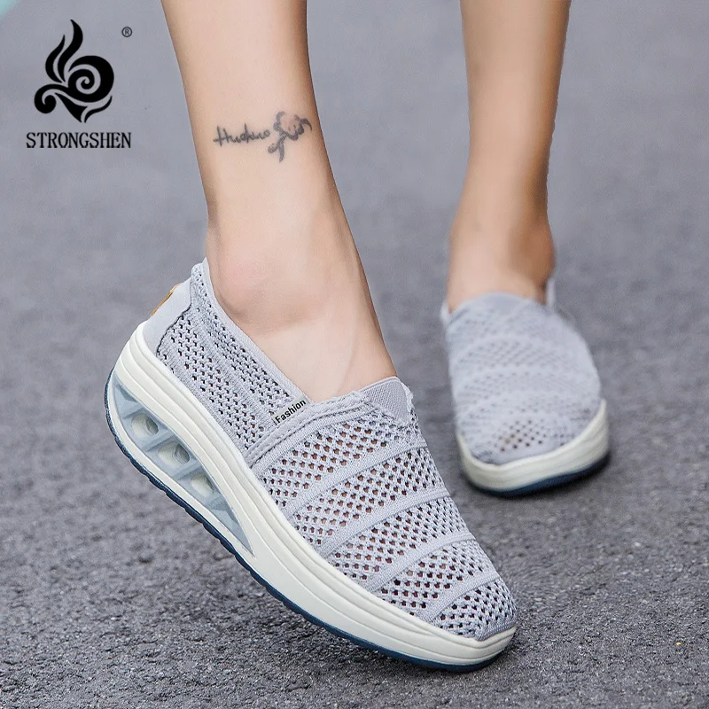 

STRONGSHEN Summer Women Fashion Vulcanized Wedges Shoes Platform Ladies Shoes Casual Breathable Hollow Out Mesh Walking Shoes