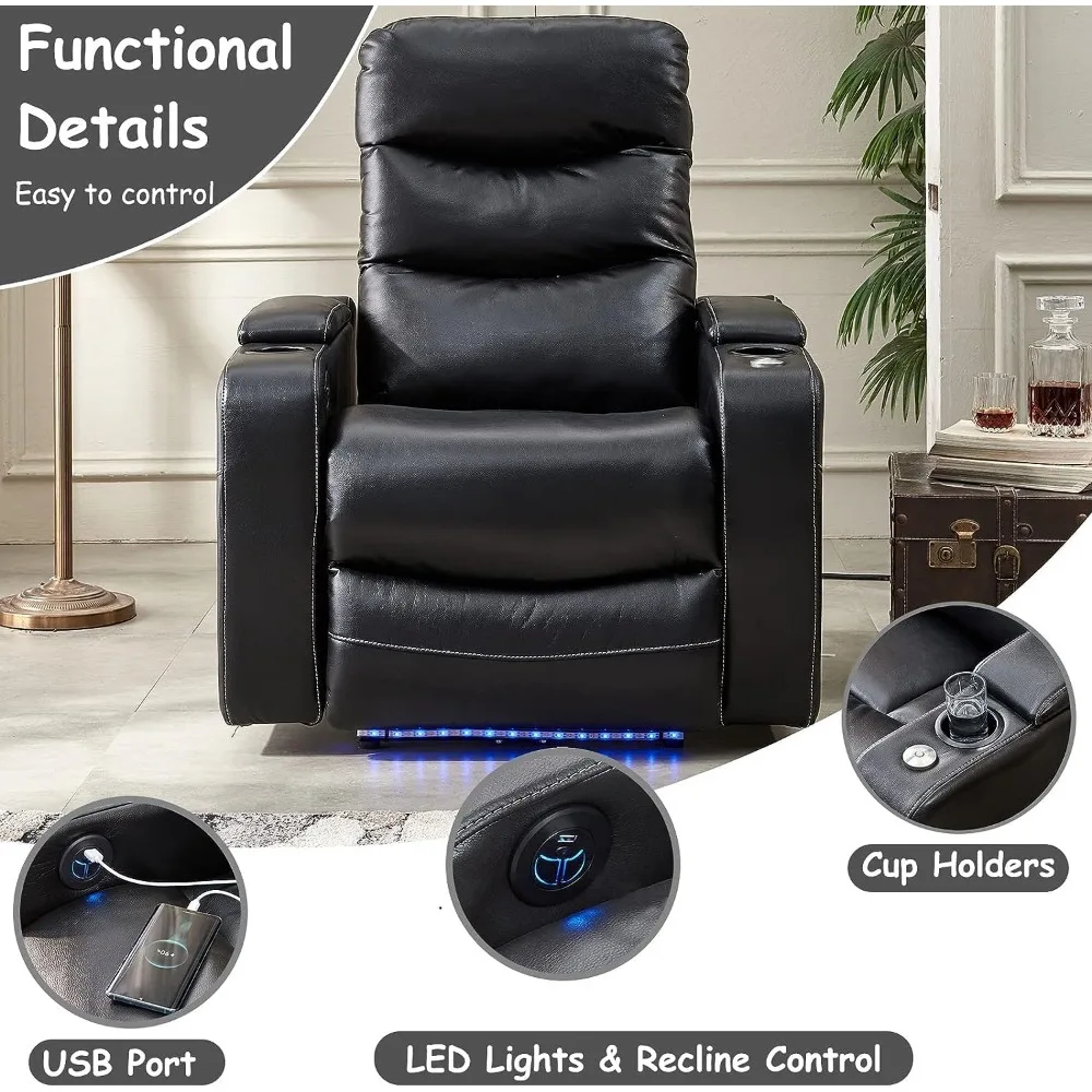 Silla reclinable eléctrica con luces LED, asientos de cine en casa con mesa de bandeja giratoria, sofá individual reclinable de cuero sintético