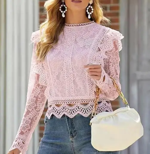 2025 جديد بلون قاعدة مثير جوفاء الدانتيل بأكمام طويلة الدانتيل قميص المرأة معطف أعلى #3