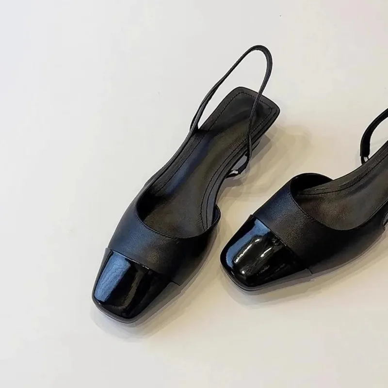 نسخة جلدية ~ صنادل ركاب سوداء فرنسية بكعب منخفض أحذية نسائية غير رسمية برأس مربع من الخلف أحذية جلدية فارغة بمقدمة مفتوحة